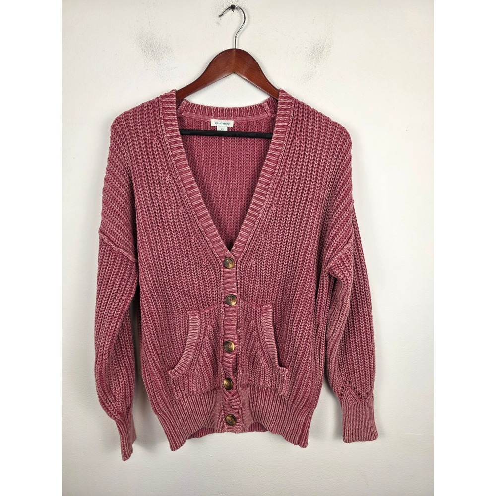 Sundance Pink Cotton Shaker Stitch Chunky Knit Button Front Cardigan Sweater XS